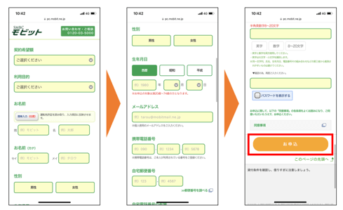 モビット申し込み情報入力画面